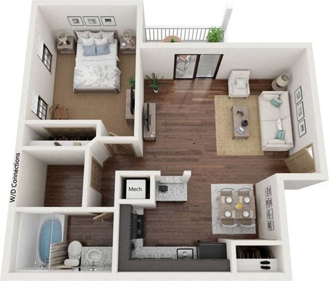 Floor plan for 1 bed, 1 bath, 800 sqft